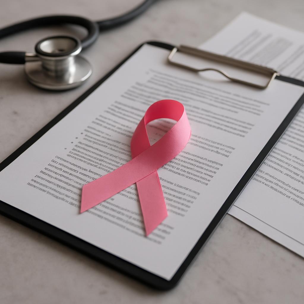 A pink breast cancer awareness ribbon lies atop a clipboard holding a liability protection document. Nearby, a stethoscope...